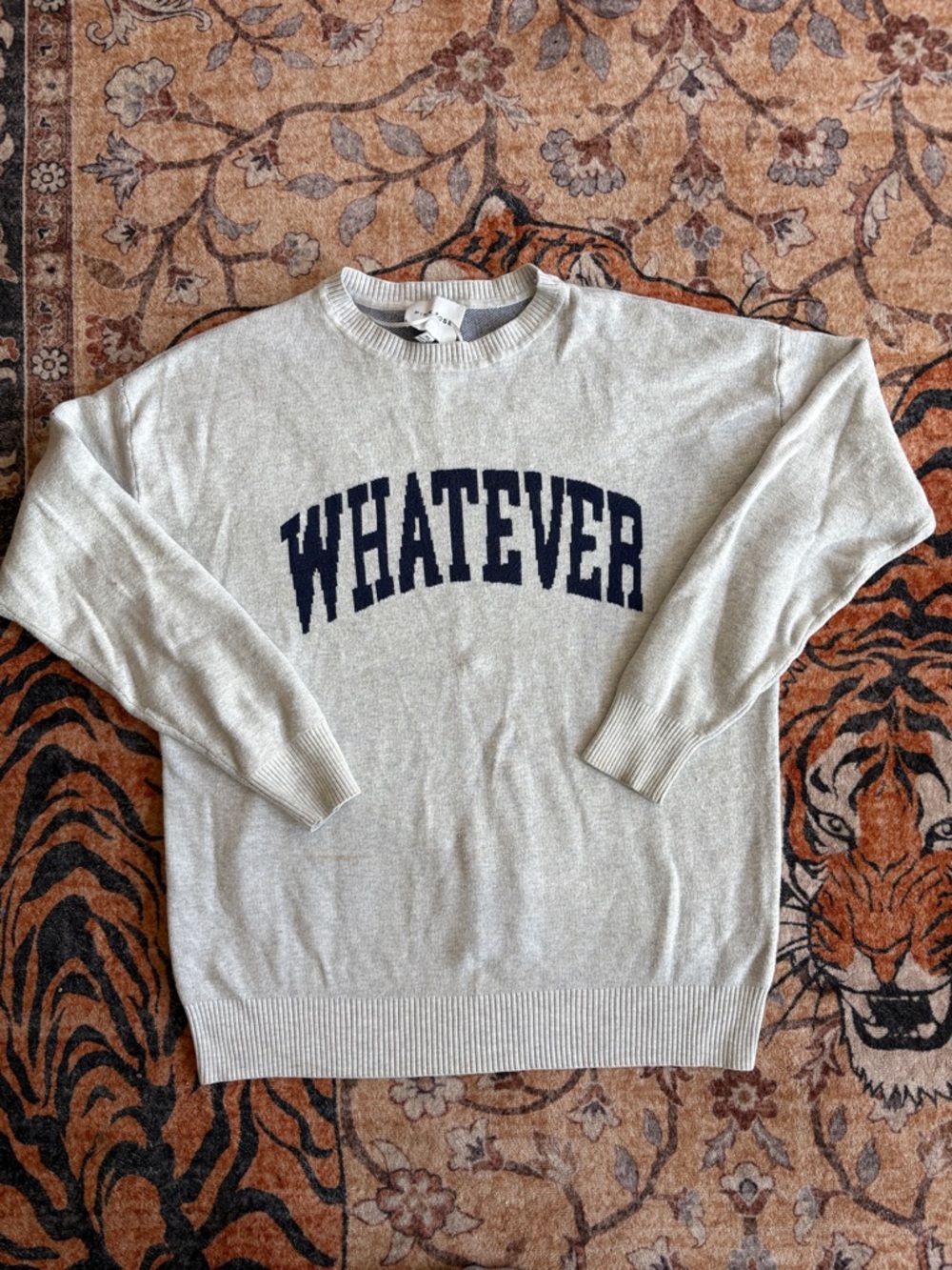 Pink Rose Light Gray Crewneck Sweater with Navy 'WHATEVER' Text